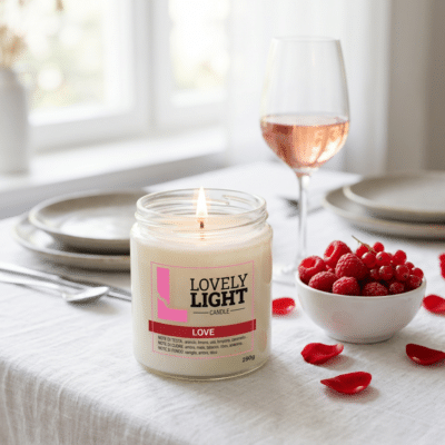 Love_scena1 Candela Love Lovely Light accesa su una tavola romantica con frutti rossi