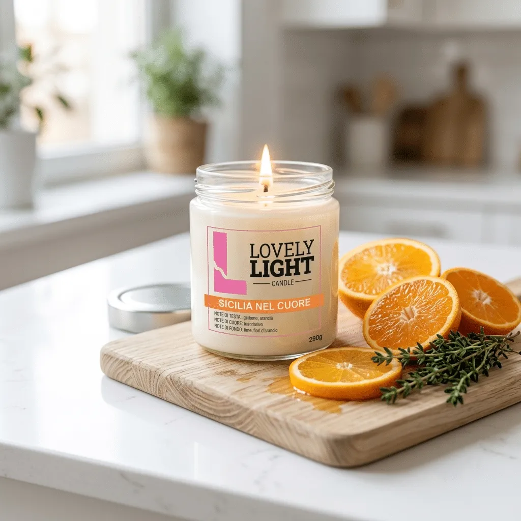 Candela Sicilia nel Cuore Lovely Light accesa in cucina con agrumi e timo