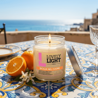 Sicilia_nel_Cuore_scena1 Candela Sicilia nel Cuore Lovely Light accesa su una terrazza siciliana con arance e maioliche