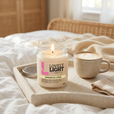 Vaniglia_Love_scena1 Candela Vaniglia Love Lovely Light accesa su un vassoio in camera da letto