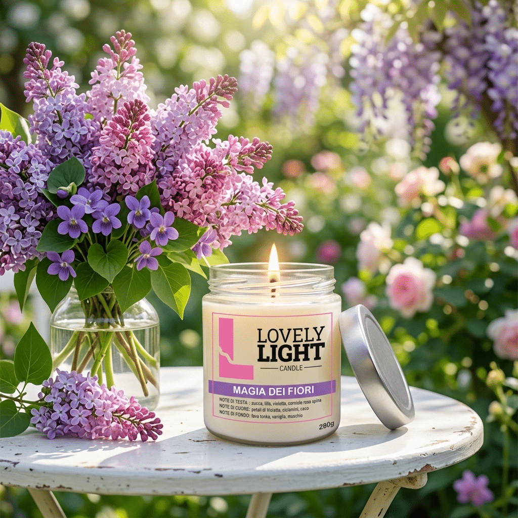 Candela Lovely Light accesa in giardino tra i fiori