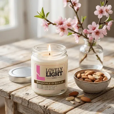 Candela Mandorle di Sicilia Lovely Light accesa con mandorle e rami di mandorlo in fiore