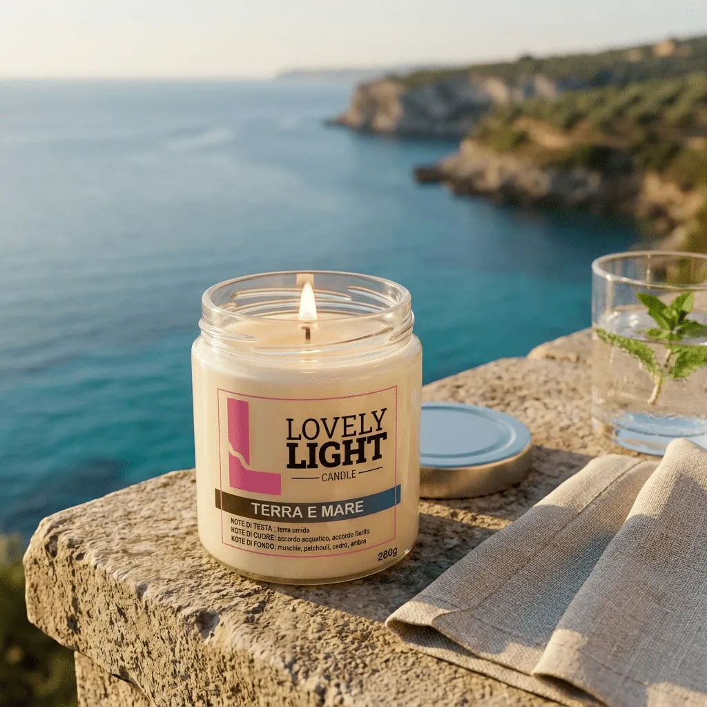 Candela Terra e Mare Lovely Light accesa su una terrazza sul mare al tramonto