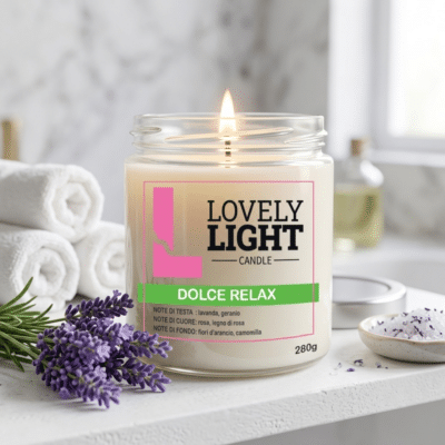 Dolce_Relax_scena1 Candela Dolce Relax Lovely Light accesa in un bagno spa con lavanda e asciugamani