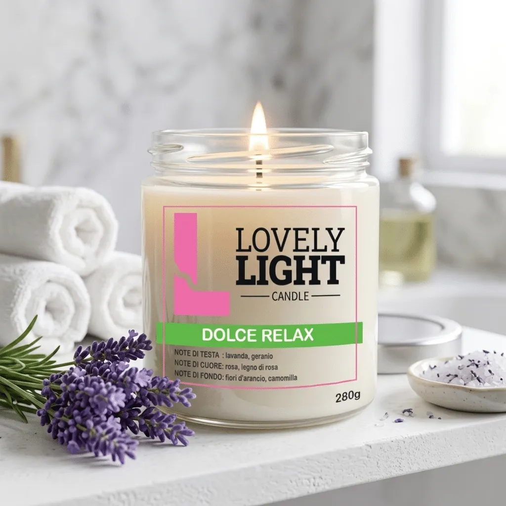 Candela Dolce Relax Lovely Light accesa in un bagno spa con lavanda e asciugamani