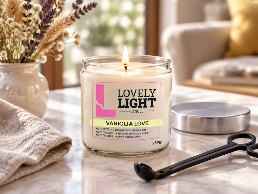 Candela Lovely Light accesa con la superficie sciolta in modo uniforme e il tagliastoppino