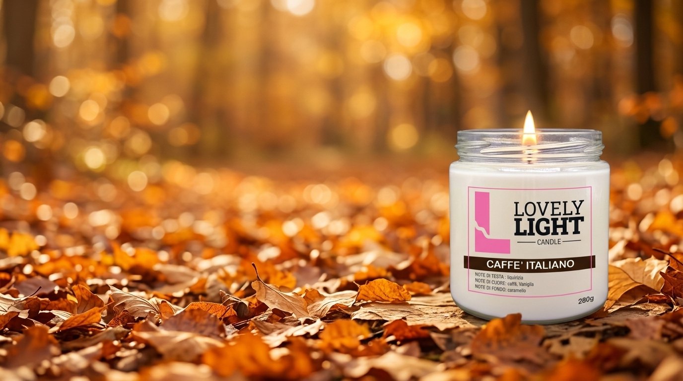 Candela Caffè Italiano accesa tra le foglie d'autunno