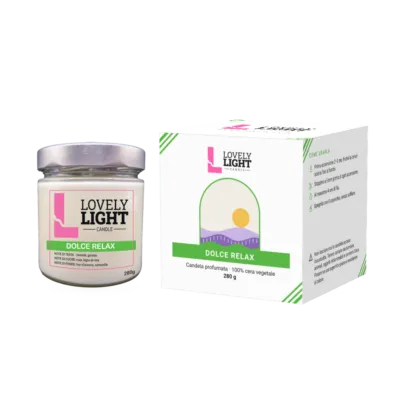 Candela profumata Dolce Relax Lovely Light in barattolo di vetro da 280 g con la sua scatola regalo