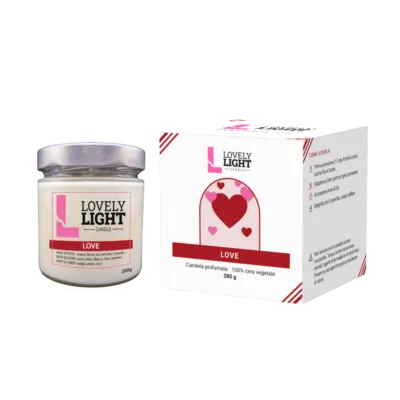 Candela profumata Love Lovely Light in barattolo di vetro da 280 g con la sua scatola regalo
